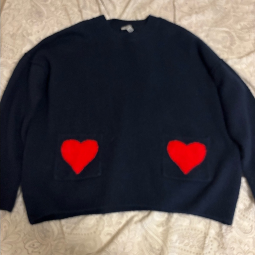 Navy Blue Sweater with Red Heart Pockets